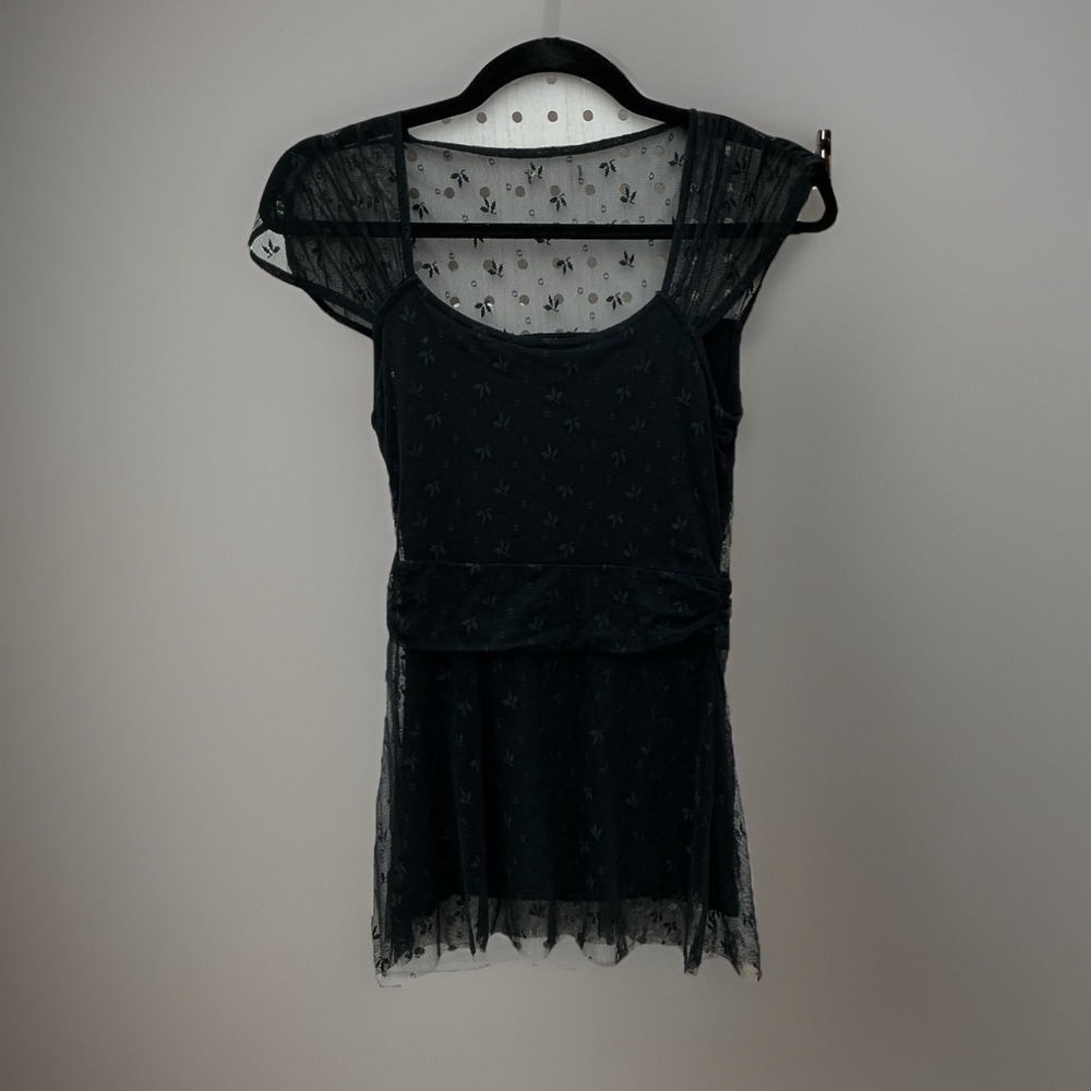 Black Sheer Mesh Top with Bow‎ Detail and Ruched Waist S M